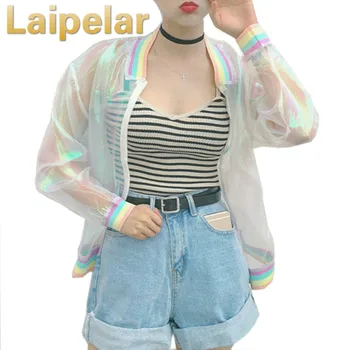 

Laipelar Summer Women Jacket Laser Rainbow Symphony Hologram Women BasicCoat Clear Iridescent Transparent Bomber Jacket Sunproof