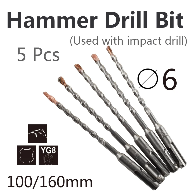 5pcs 6*160mm SDS Plus Drill Bit Hammer Drill Bit Power Tools Masonry