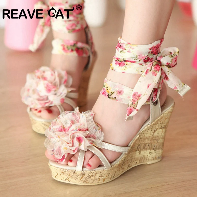 

REAVE CAT Sweet flower Wedge sandals Woman Open toe lady platform Shoes girl party beach footwear holiday high heels