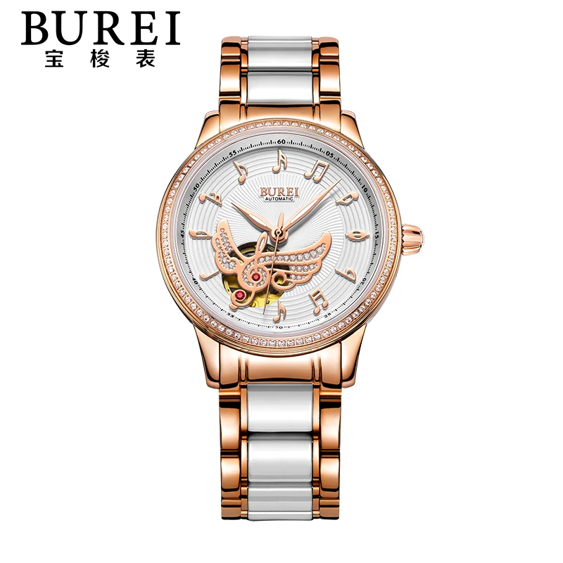 

BUREI Elegant Crystal Sapphire Ladies Ceramic Strap Automatic Mechanical Watch Waterproof Wristwatch With Premiums Package 15027