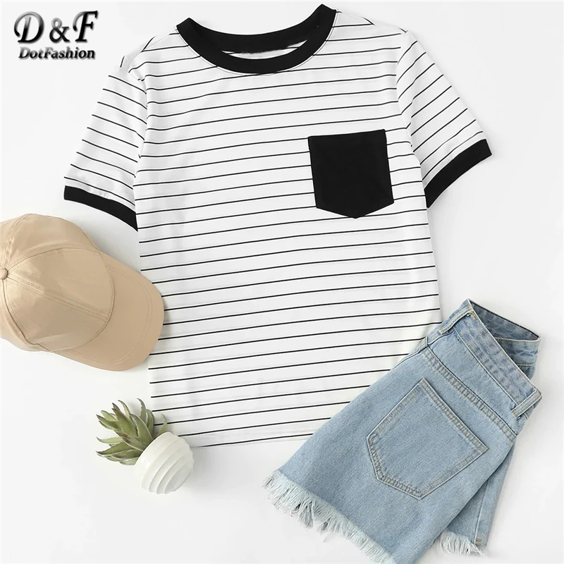 

Dotfashion Black And White Patch Pocket Striped Ringer Tee Women 2019 Casual Tops Summer Short Sleeve Preppy Colorblock T-Shirt