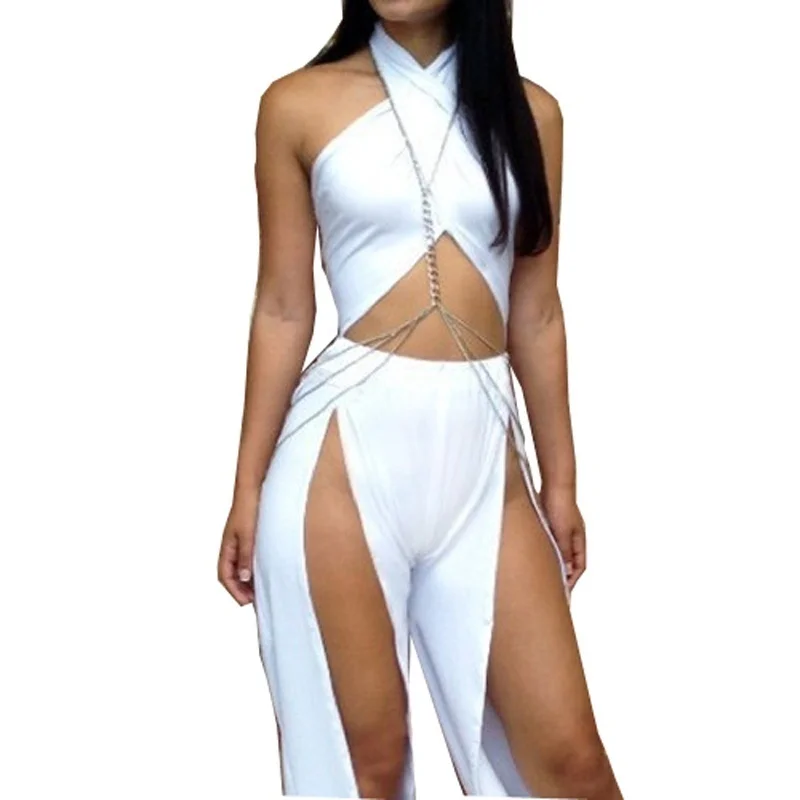 

Lady Rompers Sleeveless Summer Party Black V-neck Embellished Cuffs Long Mesh Sleeves Loose Womens Jumpsuit Dew Navel Sexy