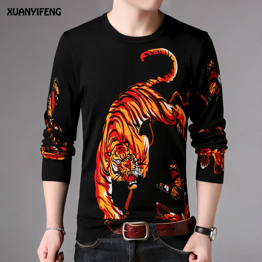 

Spring Mens Fashion Sweaters Male Autumn Winter Men Slim Sweater Tiger Knitted Jumper For Men Sueter Butterfly Sweaters Casual