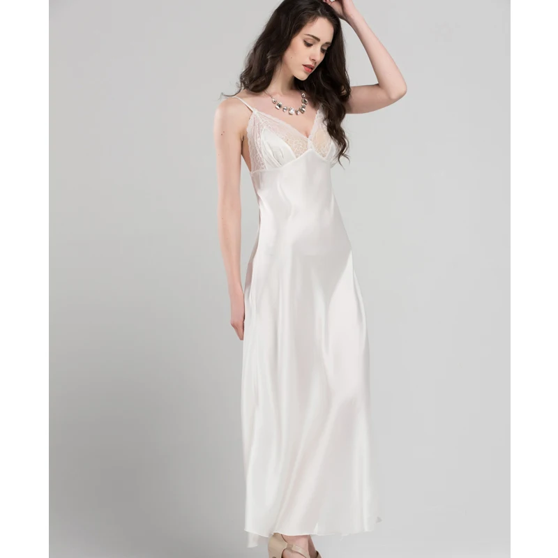Кружевное сексуальное платье для сна на бретельках, атласная Шелковая пижама, женские длинные халаты из искусственного шелка, женские ночные рубашки без рукавов с v-образным вырезом C1618 - Цвет: Белый