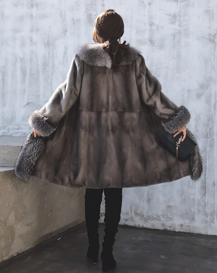 Женская шуба из натурального меха норки, длинная куртка с большим воротником из лисьего меха, зимняя норковая шуба, женская шуба