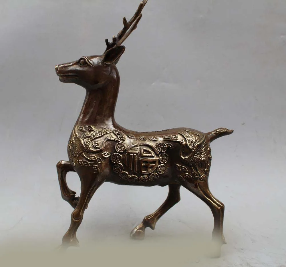 

DS 12" Chinese Folk Feng Shui Bronze Fu Longevity Deer Crane Statue Sculpture