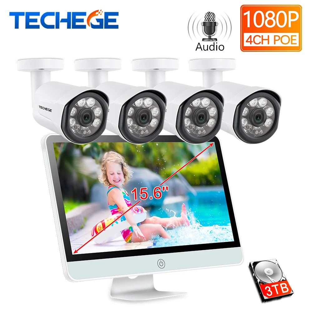 Techege 4CH 1080P POE NVR с 15 6 &quotЖК монитором 2MP уличная камера безопасности система