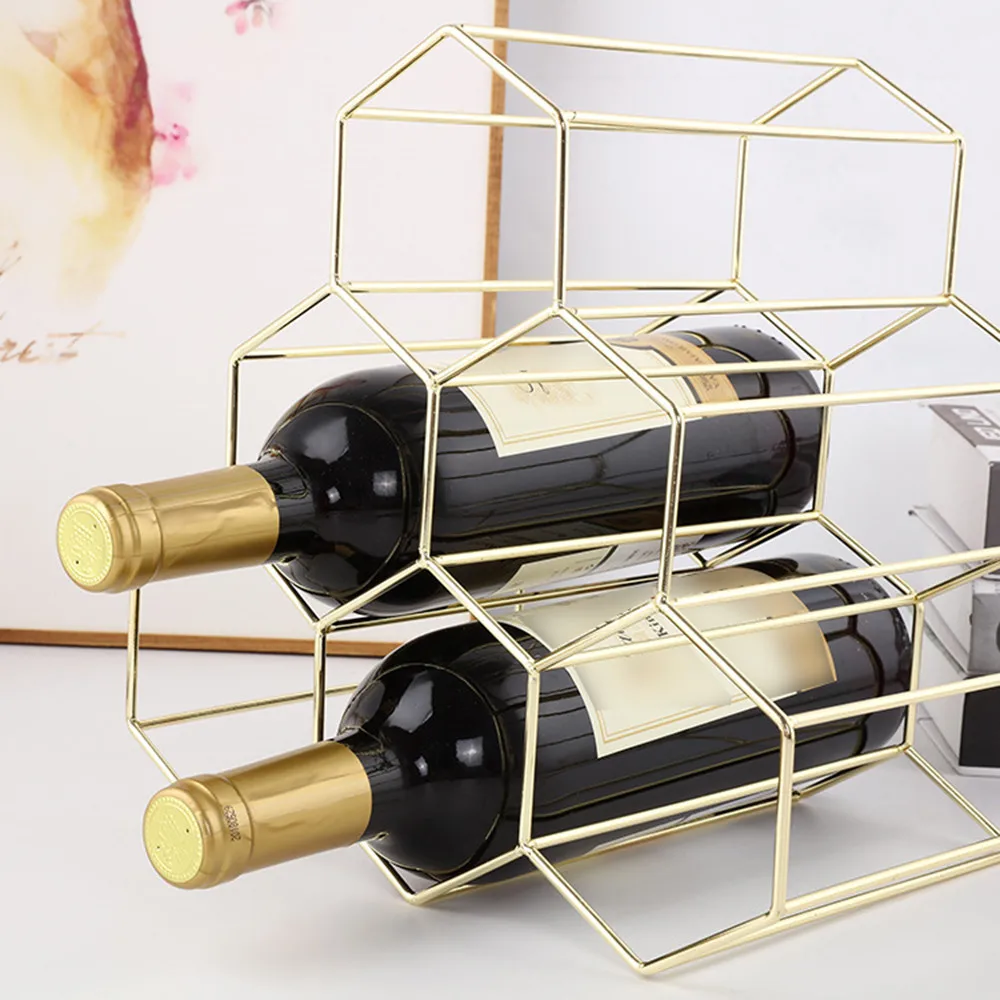 Геометрическая железная Винная стойка для 6 бутылок, металлическая отдельно стоящая кухонная стойка для хранения вина, винный шкаф, виньо полка, витрина