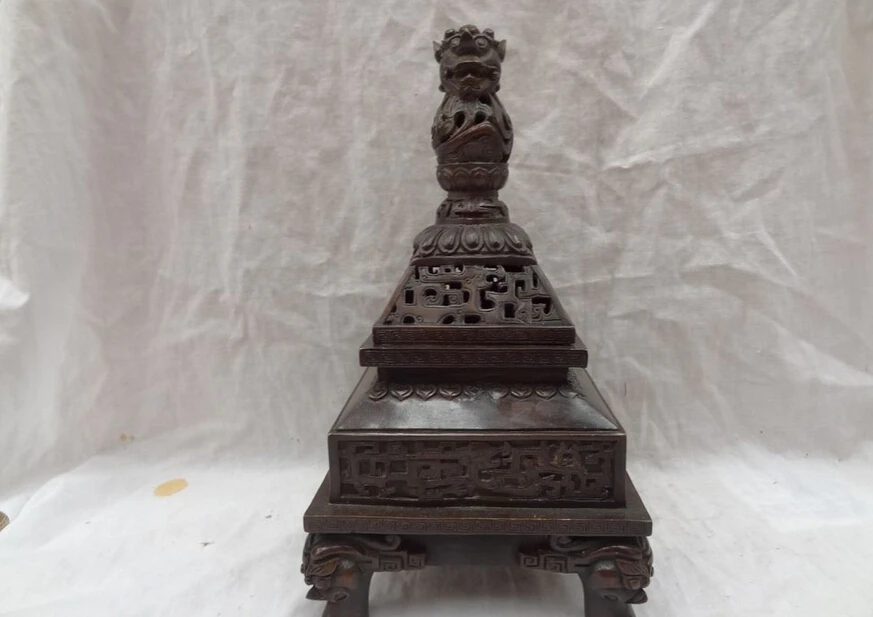 

song voge gem S5430 12" Tibet Bronze Dragon Head Statue Buddha Squarer Stupa Incense Burner Censer
