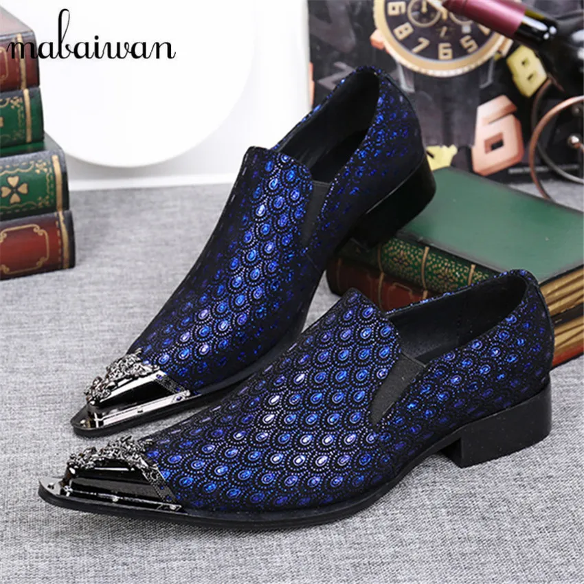 Blue Peacock Tail Print Men Dress Shoes Pointed Toe Wedding Shoes Slip On Creepers Mens Flats Oxfords Chaussure Homme