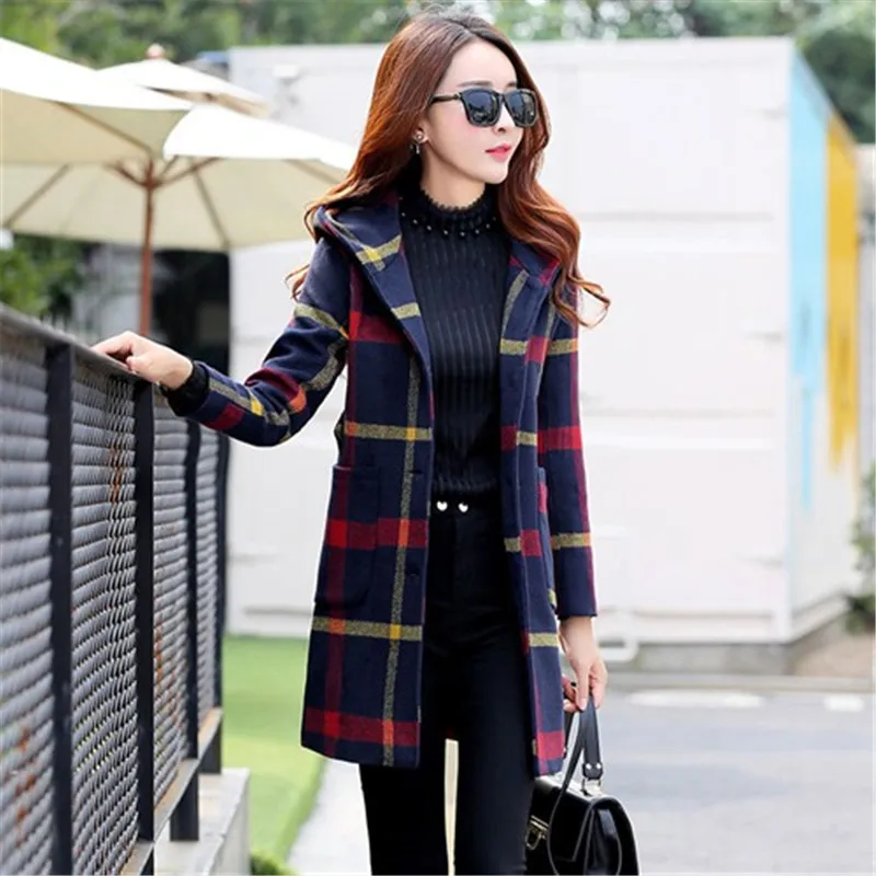 2016 Womens clothing fashion windbreaker Autumn Spring Long Coat Parka plaid Jacket Lapel trend Woollen overcoat