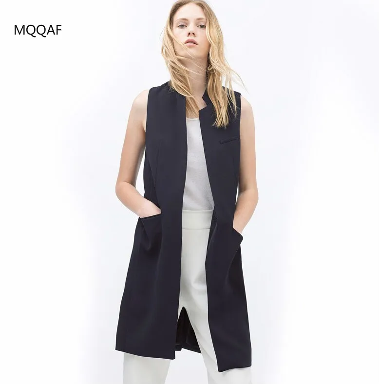

White Black Office Elegant Sleeveless Blazer Autumn Vest Women Stand Collar Long Waistcoat Casual Jacket Colete Feminino