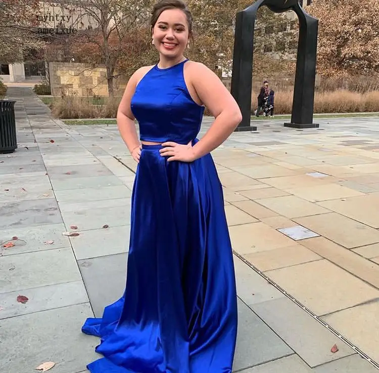 

2020 Two Pieces Royal Blue Evening Dresses Halter Neck Satin Floor Length Prom Dress Long Formal Evening Dresses For Women Cheap