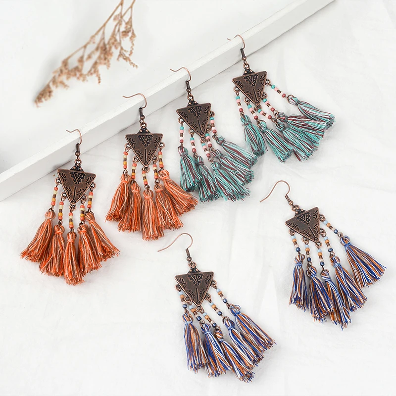 

Bronze Latest arrival handmade bohemian triangle colorful Multi tassels wedding beautiful shinning earring for lady women