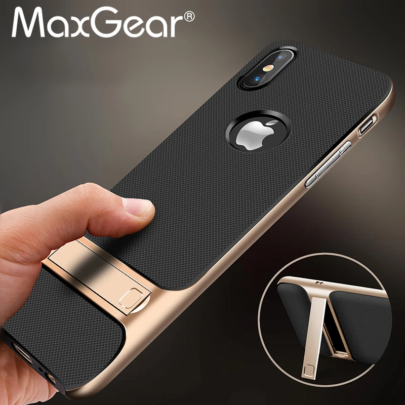 

MaxGear Luxury 360 Protective Case For iPhone X Cover Kickstand PC+TPU Shock Proof Holder Phone Cover For iPhone X Case Coque