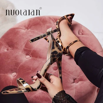 

2019 Summer Women Sandals Leopard High Heels Sandals Ankle Strap Women's Shoes Peep Toe High Heels Party Wedding Shoes Woman