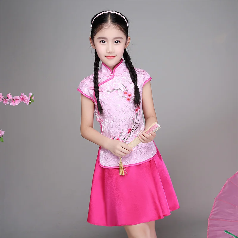 Дети Топы Ципао и юбка cheongsam вышивка костюм для выступлений традиционный Азиатский Костюмы Одежда для выступлений воротник стойка костюм