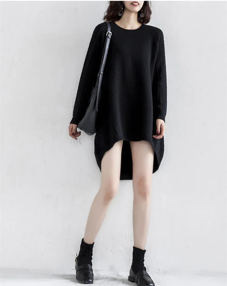  100%cashmere knit women new fashion wide loose pullover sweater dress irregular mid long slim showi