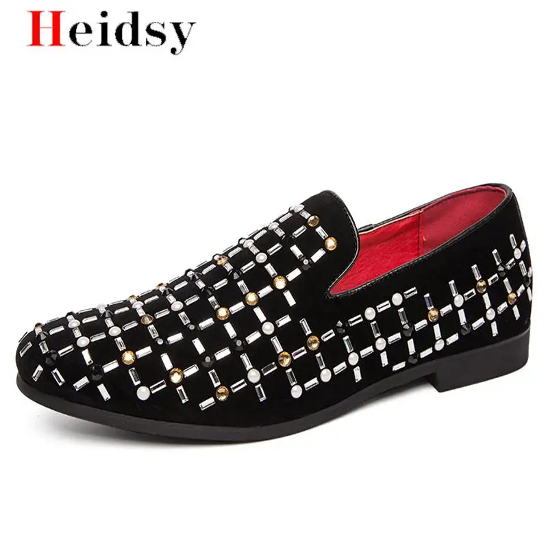 

Luxury Brand Men loafers Black Diamond Rhinestones Spikes men shoes Rivets Non-slip Comfort Casual Office Flats Wedding Shoes