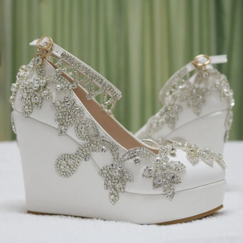 Стильные свадебные женские туфли-лодочки на платформе со стразами белые туфли туфли на танкетке туфли на высоком каблуке белые свадебные туфли