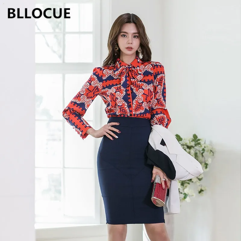 

BLLOCUE 2019 Autumn New Women's Bow Long Sleeve Printing Shirt Top + High Waist Skirt Two Piece Set Suit