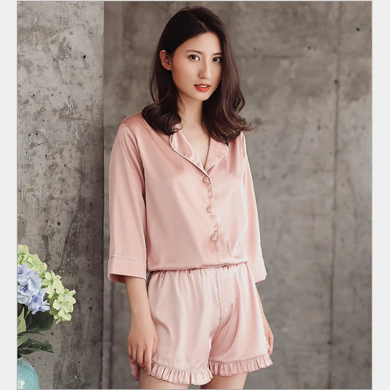 New women pajama sets turn down collar elegant summer spring grey blue