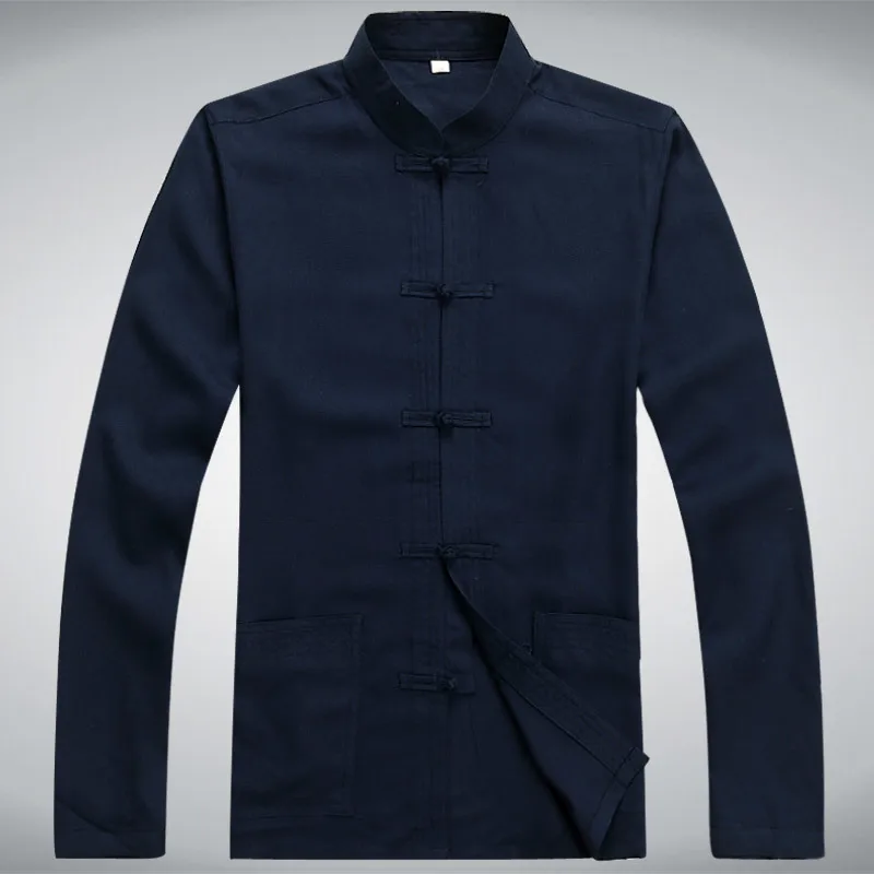 Осень с длинным рукавом мужской китайский стиль одежды серый синий черный цвет лягушка Кнопка рубашка Боевые искусства кунг фу одежда для мужчин