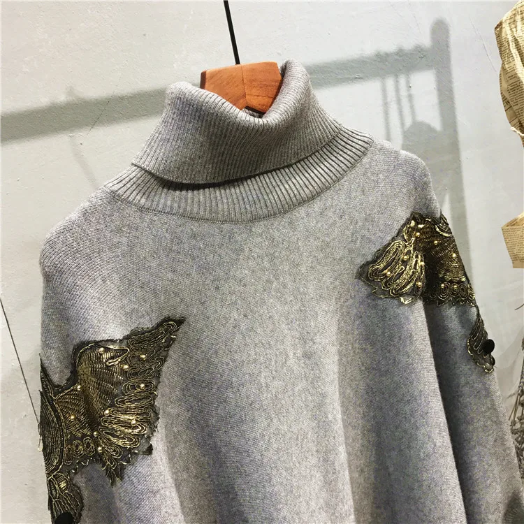 New autumn winter Runway black gray Embroidered bead ponchos and capes pullovers knitted wool sweater women christmas Coat 2122 New autumn winter Runway black gray Embroidered bead ponchos and capes pullovers knitted wool sweater women christmas Coat 2122