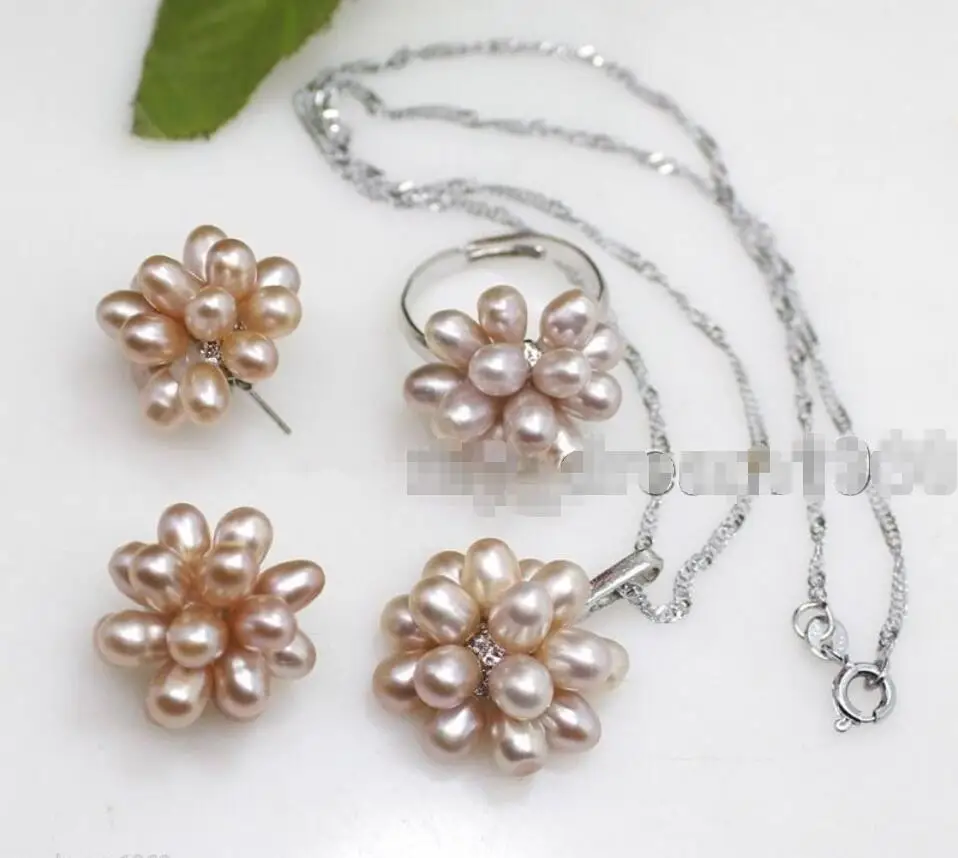 

Hot sale new Style >>>>Natural 6-7mm Purple Rice Freshwater Pearl Cluster Earrings Necklace Ring Set