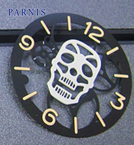 Дешевые Продажи Аксессуары для часов части, 38,9 мм Мужские механические часы с скелетом Череп Светящиеся серебряные черные золотые часы циферблат - Цвет: silver