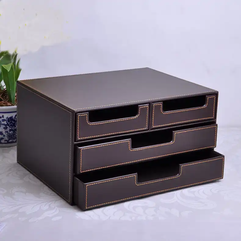 3 Layer 4 Drawer Wood Leather Desk Set Filing Cabinet Storage Box