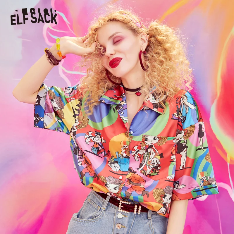 

ELF SACK Fashion Vintage Full Print Women Blouses 2019 Summer Streetwear Women Tops Casual Harajuku Square Collar Femme Shirts