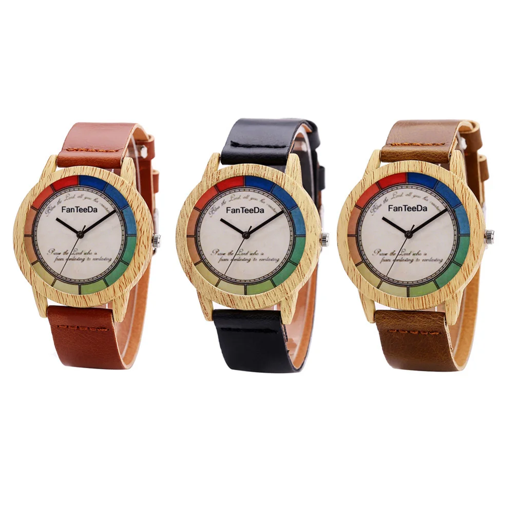 

Women Colorful Wooden Quartz Bracelet Leather Strap Wristwatch Best Gift to Your Dear Friend for Your Friengship
