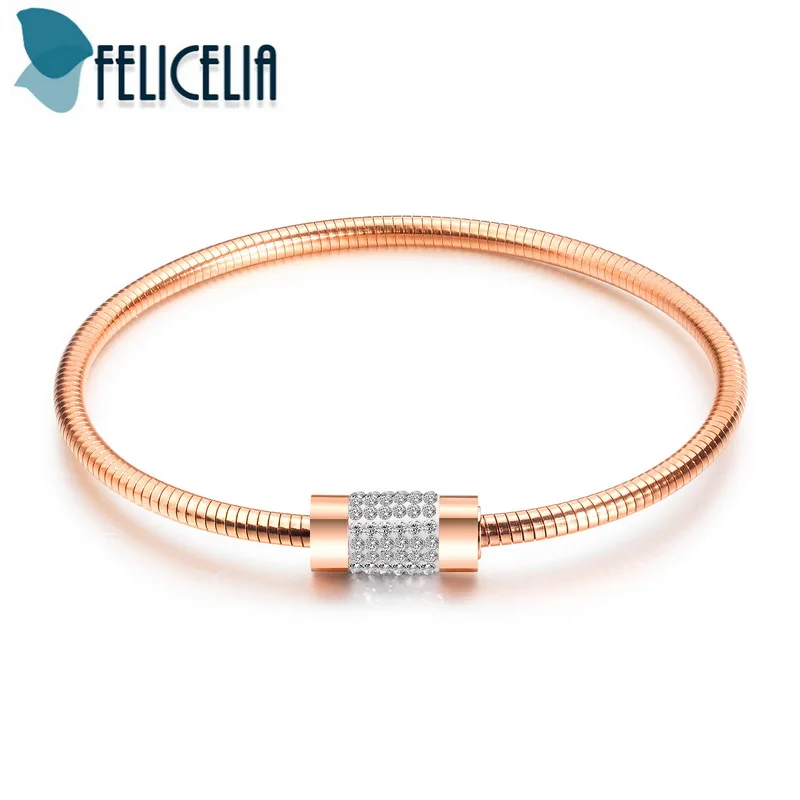 

Felicelia Silver/ Gold/ Rose Gold Color Stainless Steel Snake Chain Cubic Zirconia Bracelet Bangle For Women Delicate Jewelry