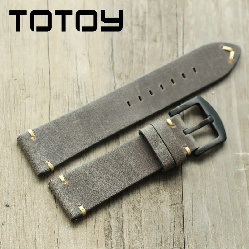 Ремешок для часов TOTOY ручной работы дымчато серый из кожи Крейзи Хорс 18 мм 20 22