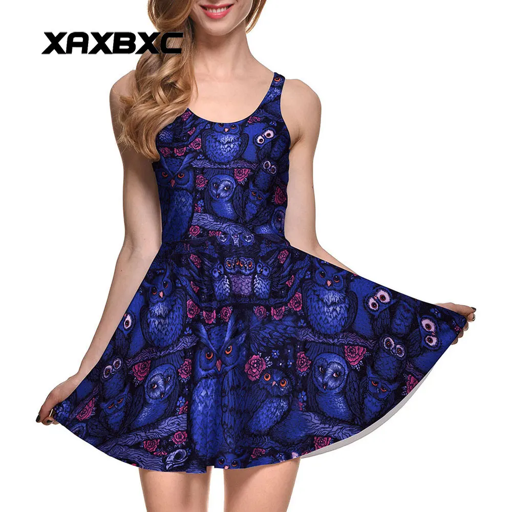 

XAXBXC Plus Size Fashion Women Summer Reversible Pleated Dress Sexy Gril Vest Skater Dress Blue Owl Owlet Rose Flower Prints