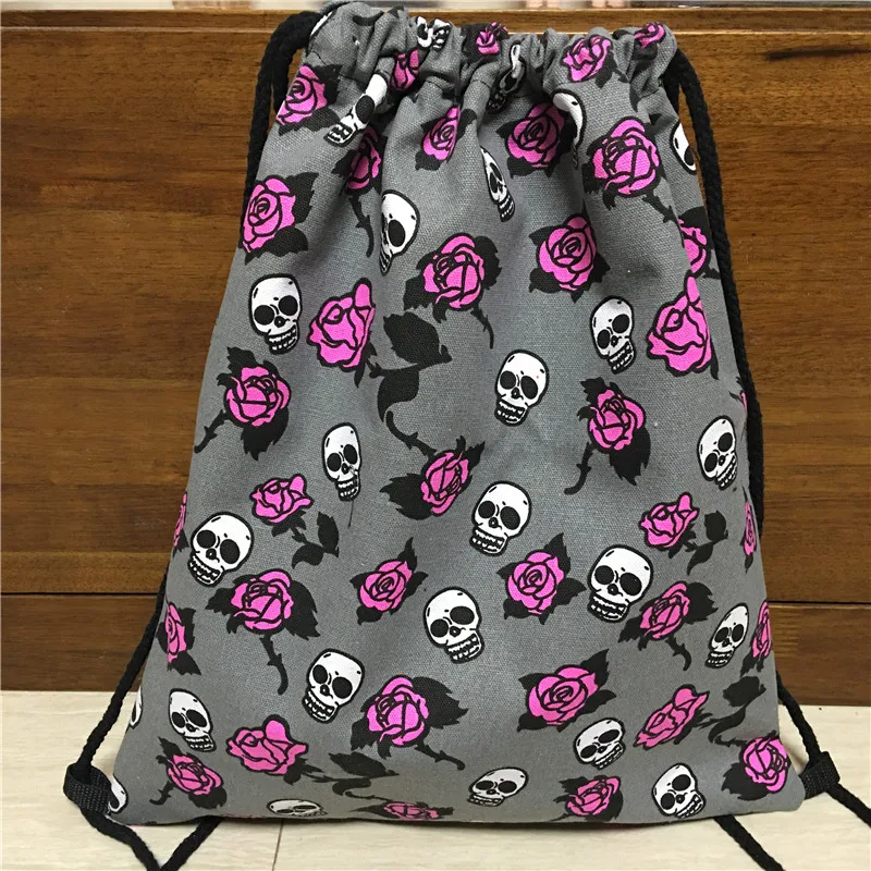 

YILE Handmade Canvas Fashion Backpack Draw String Travelling Bag Skull Love Heart Rosy Flower 1733-1