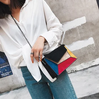 

Hit Color Patchwork Crossbody Bags For Women Scrub PU Leather Woman Messenger Bag Chains Luxury Handbags Women Bags Designer New