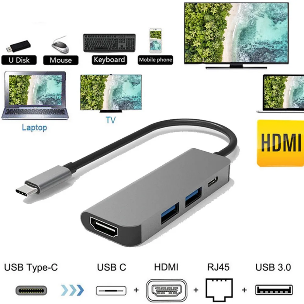 

Hot Sale 4 In 1 Thunderbolt 3 Type-C To HDMI Adapter 2x USB 3.0 Type C PD Hub Adapter Support For Samsung Dex S8/S9 Xiaomi Mi9