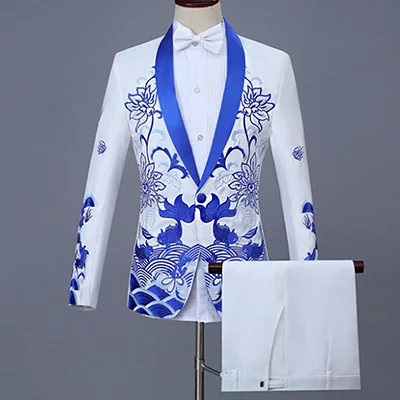Комплект из 2 предметов,, мужское китайское платье, костюмы для сцены, певицы, церемониальный костюм с вышивкой, вечерние костюмы на выпускной, свадебные 1283 - Цвет: Белый