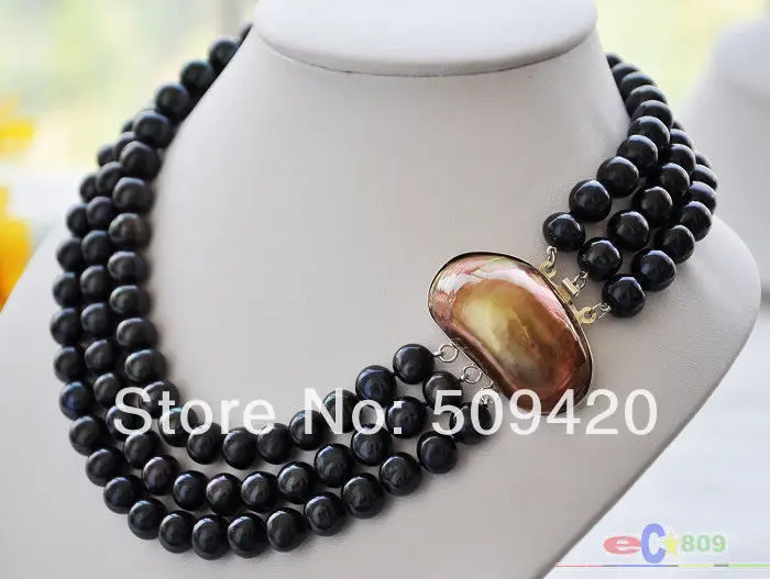 

~~ Free Shipping >>P3725 3row 10mm black round freshwater pearl necklace