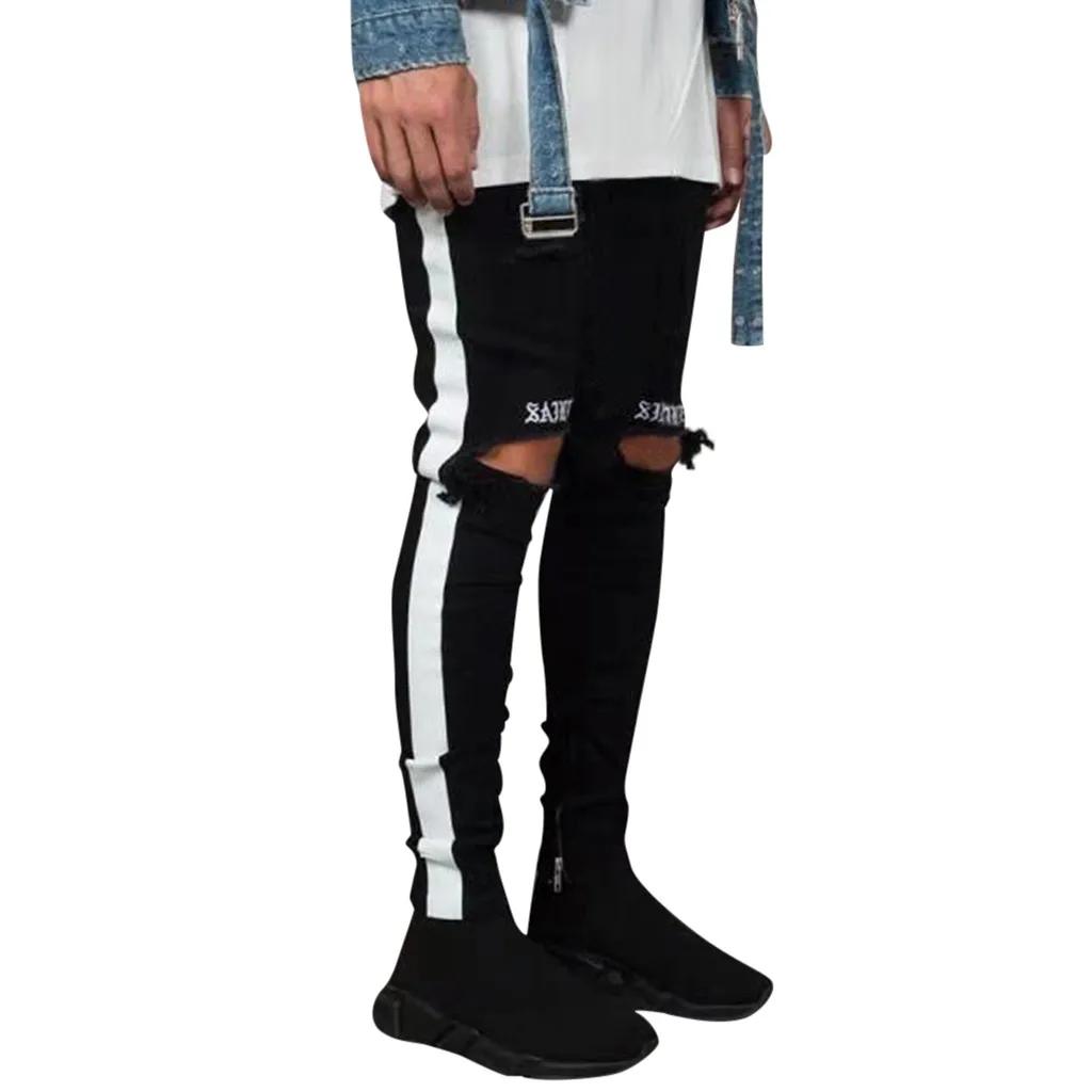 

Men's Stitching Stripe Jeans Pant 2019 Fashion Casual Embroidery Cotton Straight Hole Pocket Trouser Distressed Jeans Pant Fe1