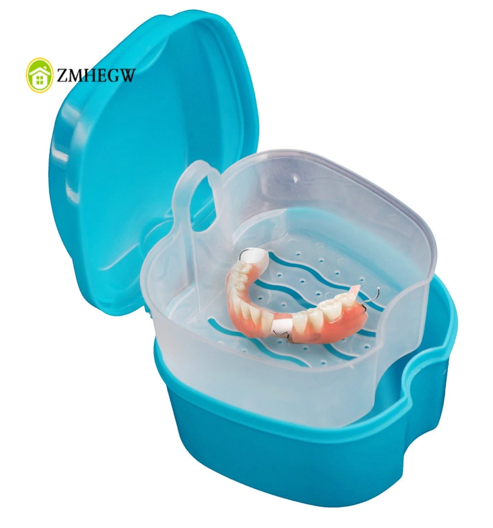 

New Quality Denture Bath Box Case Dental False Teeth Storage Box with Hanging Net Container Plastic Artificial Blue Tooth Holder