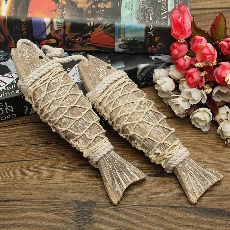 KiWarm 2 piezas Retro estilo mediterráneo Retro rústico tallado a mano colgante de madera peces adornos para colgar en el hogar Decoración regalo