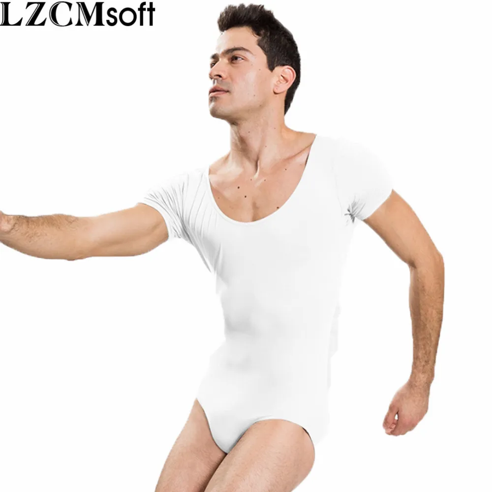 LZCMsoft Mens Short Sleeve Leotard One Piece Bodysuits for Male Dancers Gymnastics Spandex Black Nylon Ballet Leotards Dancewear