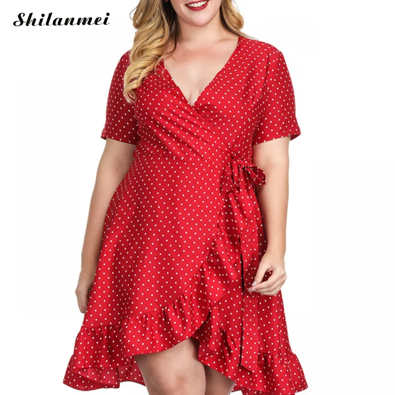 2019 Hot Fashion Women Short Sleeve Mini Dresses Summer Ruffled Wrap Beach Dress Vestito Female Plus size 4XL red dress