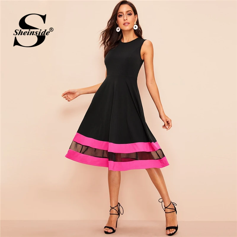

Sheinside Mesh Insert Striped Detail Fit and Flare Summer Dress 2019 Vintage Black Knee Length Dresses High Waist Women Dress