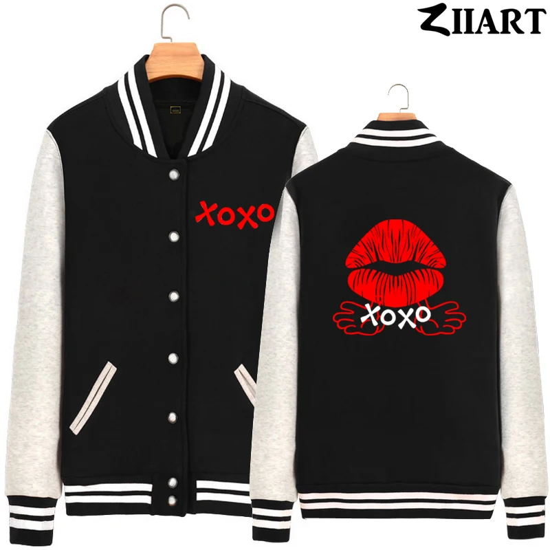 

Xoxo Hug And Kisses Love Lip Red Heart Print Hand Text Couple Clothes Man Boy Full Zip Autumn Fleece Baseball jackets ZIIART