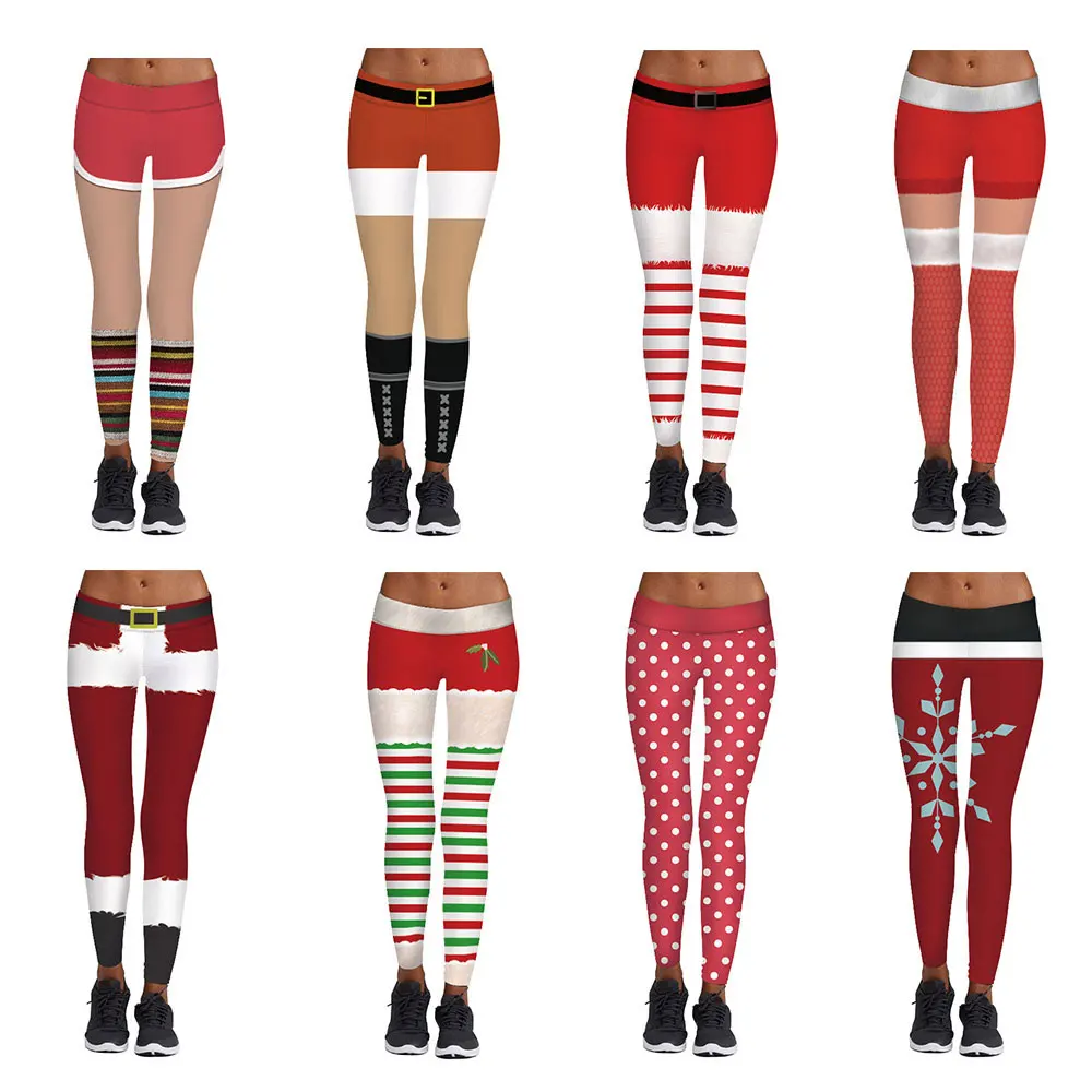 

New 001 Cosplay Santa Claus Stripes Polka Dot Prints Elastic Slim Fitness Workout Push Up Sexy Femme Pencil Pants Women Leggings