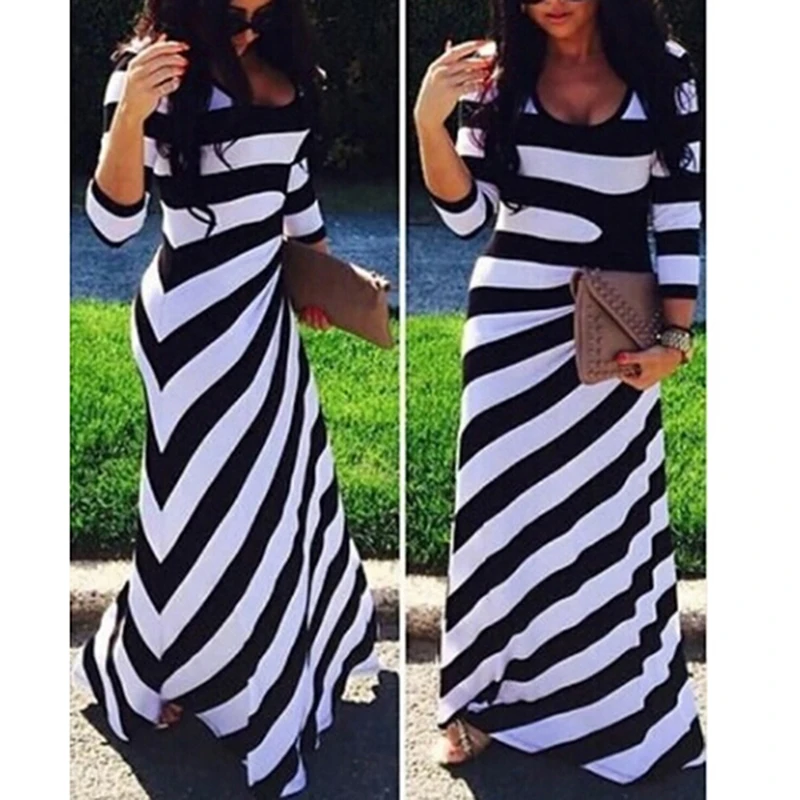 جديد النساء مخطط اللباس تمتد الشاطئ حزب طويل كامل ماكسي ثلاثة الأكمام الربع شريط ضمادة اللباس زائد الحجم Vestidos فيرانو